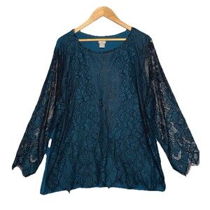 Chico's Lace Overlay Floral Blouse Top Teal Green Black Woman's Size 3 or XL